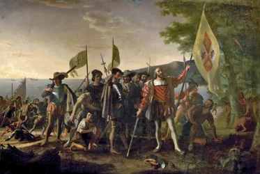 Cristóbal Colón desembarcando en San Salvador, Bahamas el 12 de octubre de 1492, pub. 1825